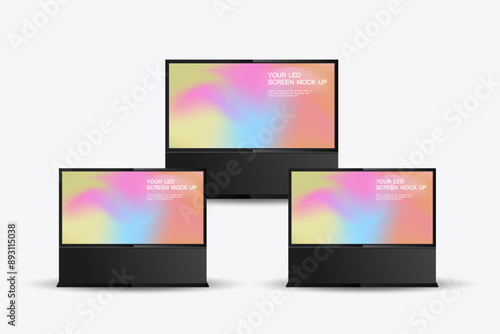 Set of three realistic LED mock-up screen prominently displaying a gradient background. three screens is placed at the center.