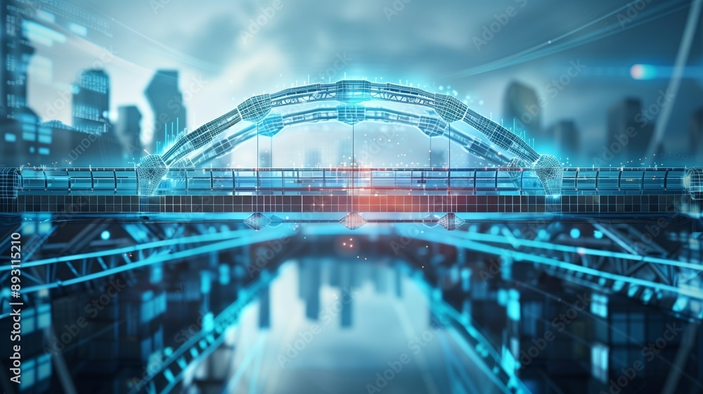 Obraz premium AI and HR realms linked by a holographic bridge for efficient work.