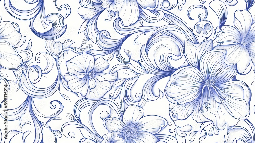 Intricate floral seamless pattern with blue line art of lilies and leaves on a white background, offering a delicate, elegant design. Intricate floral seamless pattern with blue line art of lilies and leaves on a white background, offering a delicate, elegant design.