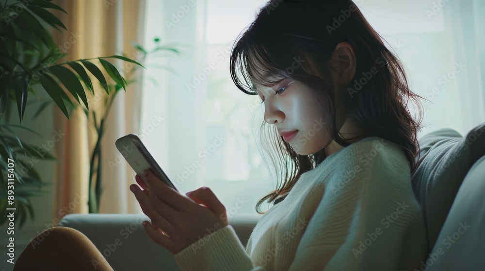 Young woman using smartphone with empty white screen, texting indoors on blurred background Young woman using smartphone with empty white screen, texting indoors on blurred background