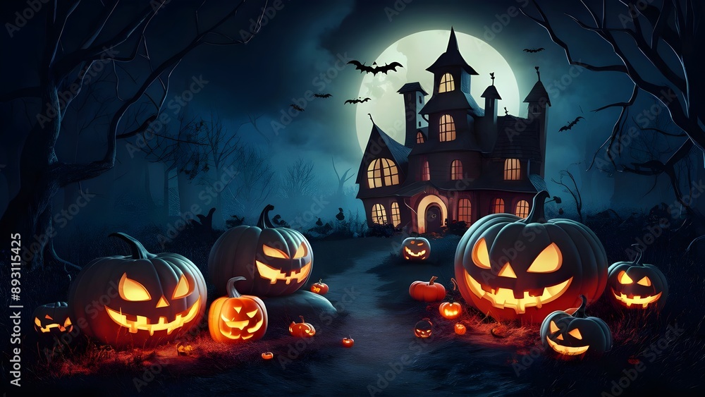 Halloween Background: Pumpkins, Haunted House - 3D Render
Halloween Background: Pumpkins, Haunted House - 3D Render