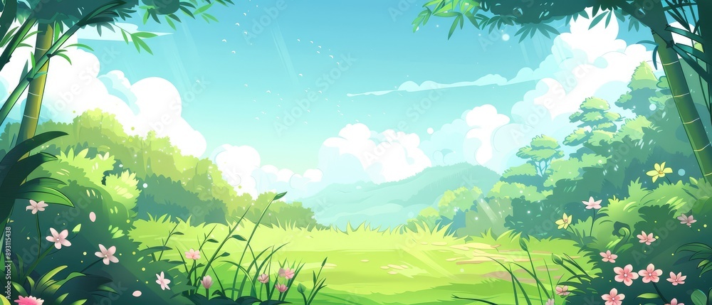 A Lush Green Forest Clearing Under a Bright Blue Sky