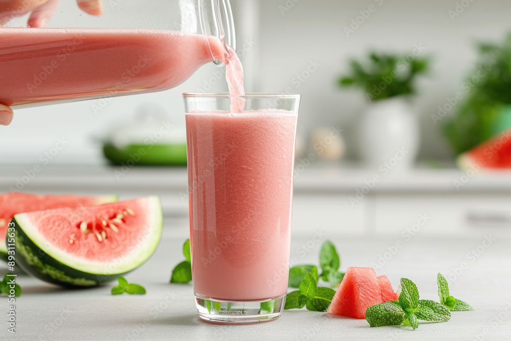 A hand pouring watermelon juice into a glass, healthy drink food diet A hand pouring watermelon juice into a glass, healthy drink food diet