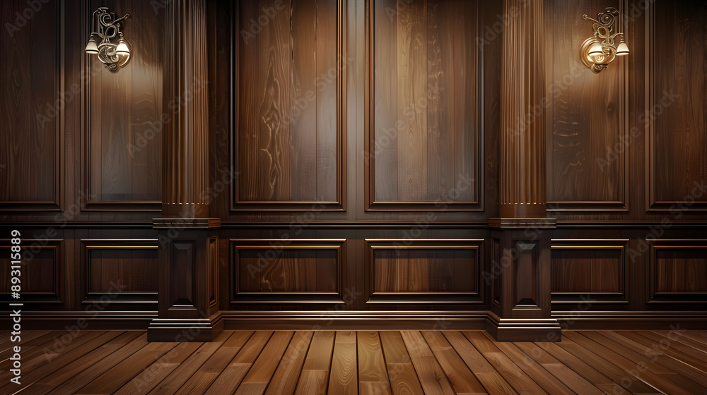 Classic premium luxury wood paneling wall background or texture. Highly crafted traditional wood paneling wall and floor, with a frame and column pattern Classic premium luxury wood paneling wall background or texture. Highly crafted traditional wood paneling wall and floor, with a frame and column pattern