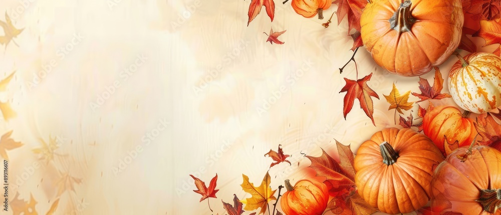 Autumn Harvest: Pumpkins and Leaves on a Warm Wooden Background Autumn Harvest: Pumpkins and Leaves on a Warm Wooden Background