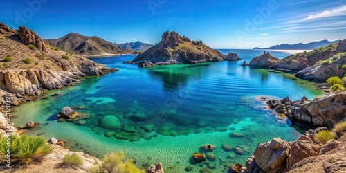 Picturesque sheltered cove in San Carlos, Sonora Mexico overlooking the crystal blue waters, Mexico, sheltered cove, ocean, beach, sea