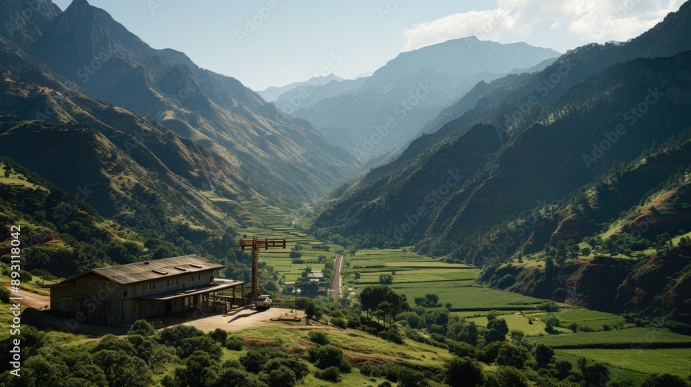 Fototapeta premium A beautiful landscape image of a mountain range in the distance with a large tree in the foreground and a small house to the left. 