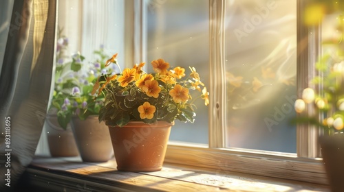 Sunlit window flowerpot decor © Lasvu