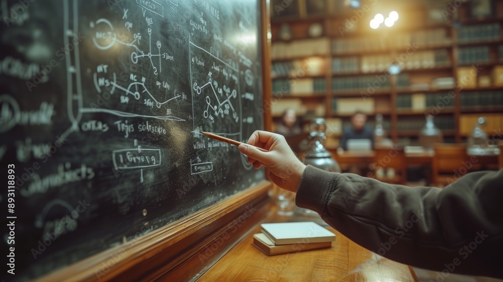 A Person Writing on a Blackboard With a Pencil and a Book in Front of Him - Generative AI A Person Writing on a Blackboard With a Pencil and a Book in Front of Him - Generative AI