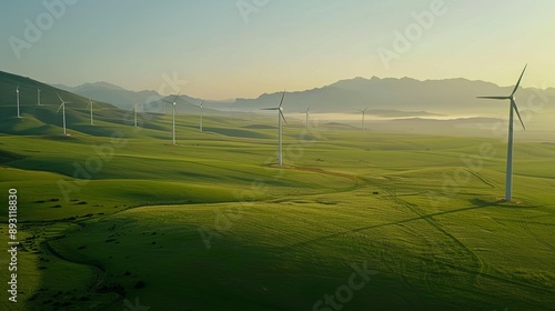 A group of wind turbines rotating in a vast green field with mountains in the background during sunrise with soft natural lighting, landscape shot photo