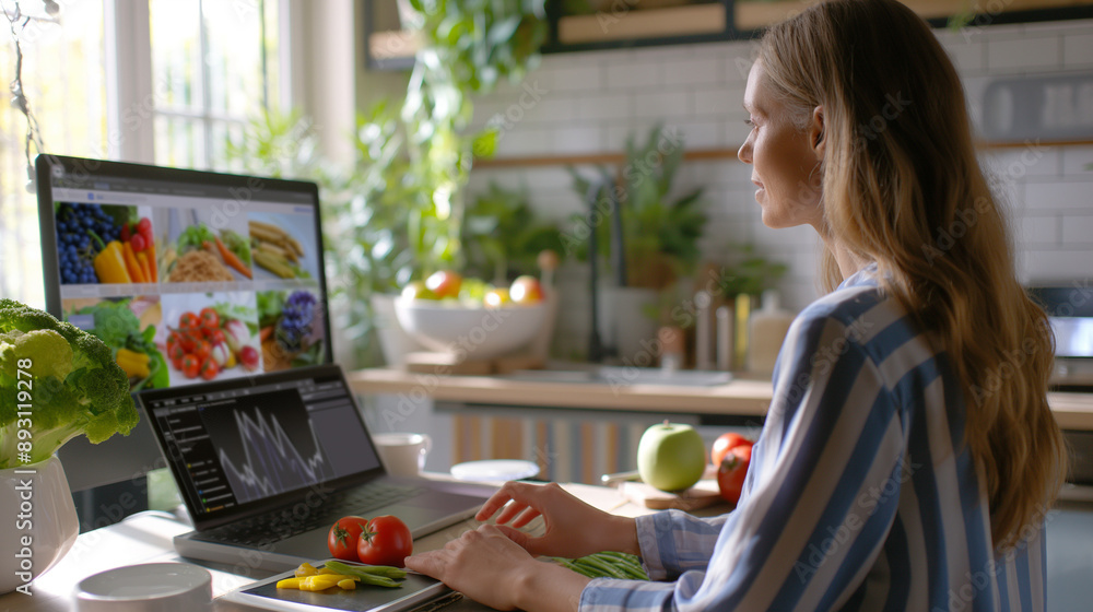A from a home office, using a high-resolution camera and tools to engage with clients about personalized dietary plans A from a home office, using a high-resolution camera and tools to engage with clients about personalized dietary plans