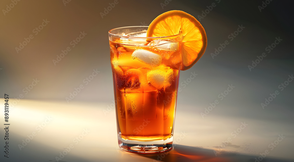 Cold, refreshing iced tea in a tall glass, beautifully garnished with a slice of orange, against a soft background Cold, refreshing iced tea in a tall glass, beautifully garnished with a slice of orange, against a soft background