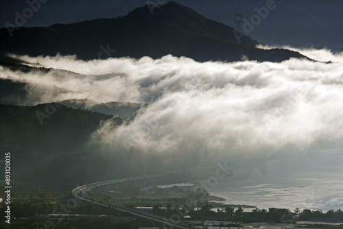 High angle and morning view of sea of clouds over mountain and Shinyangsu Bridge on Namhan River at Dumulmeori near Yangsu-ri, Yangpyeong-gun, South Korea
 photo