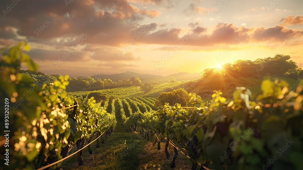 Fototapeta premium A Vineyard on a hill at sunset vineyard outdoors nature. copy space for text. image of garden.