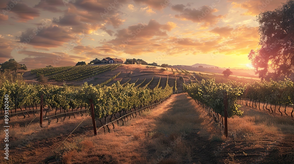 Naklejka premium A Vineyard on a hill at sunset vineyard outdoors nature. copy space for text. image of garden.