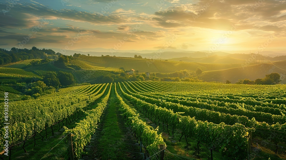 A Vineyard on a hill at sunset vineyard outdoors nature. copy space for text. image of garden. A Vineyard on a hill at sunset vineyard outdoors nature. copy space for text. image of garden.