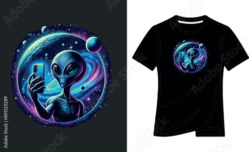 2d vector t-shirt design alien silhouette taking selfies with his smartphone