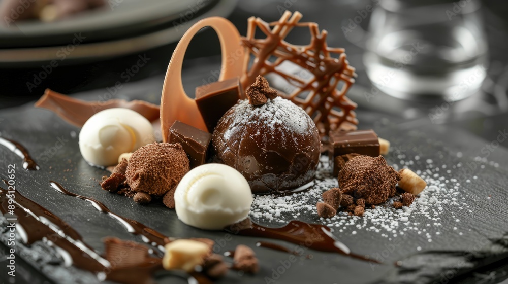 High-end dessert with intricate sugar decorations on a slate plate High-end dessert with intricate sugar decorations on a slate plate