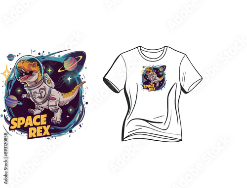 vector t-shirt design of a dinosaur t-rex in a space suit  floating among stars and planets