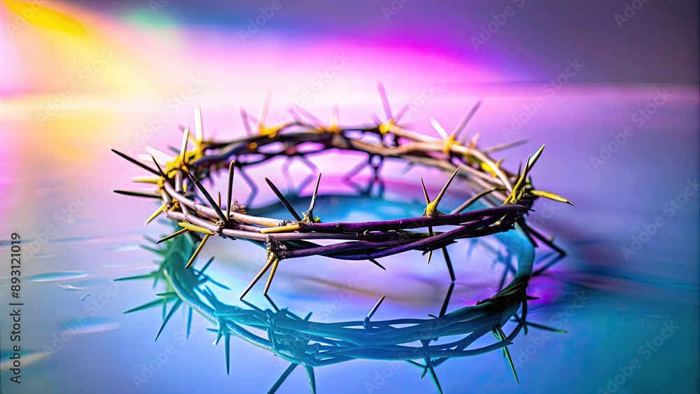 Crown of thorns resting on purple and yellow background, crown of thorns, thorns, religious, symbolic, christianity Crown of thorns resting on purple and yellow background, crown of thorns, thorns, religious, symbolic, christianity