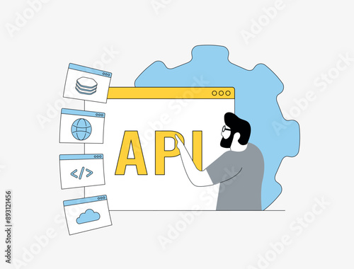 API integration - application programming interface connects software applications to enable data exchange and functionality sharing. API automation, programming, system integration illustration