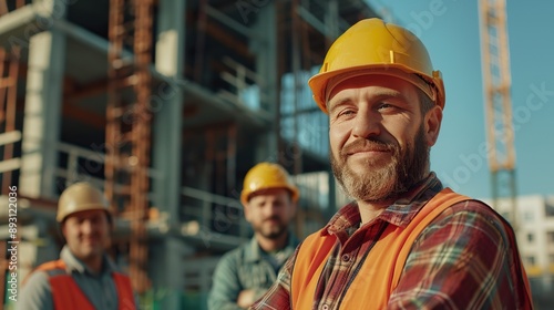 Portrait of happy building contractor and worker at construction site looking at camera. copy space for text. © Naknakhone