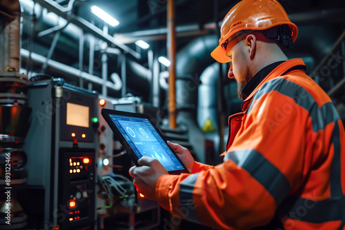 An engineer uses a tablet to control smart factory automation software. The concept of modern technology streamlining industrial process through digital tools and automation. Generative AI.