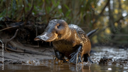 A Close up of a Duck Walking in the Mud With Leaves and Plants in the Background - Generative AI