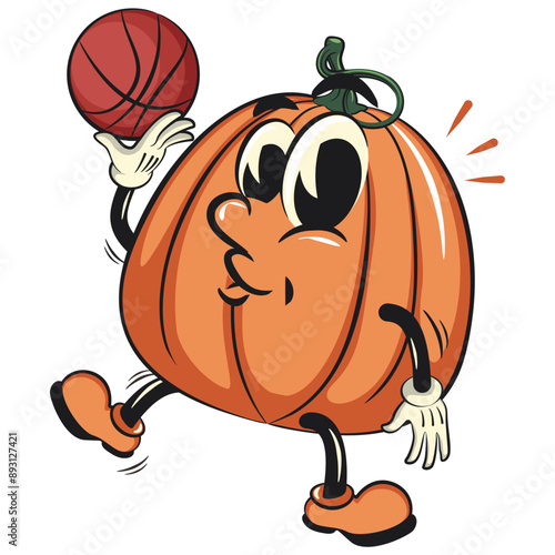 character of a cute pumpkin cartoon vector isolated clip art mascot illustration playing basketbal, work of hand drawn
