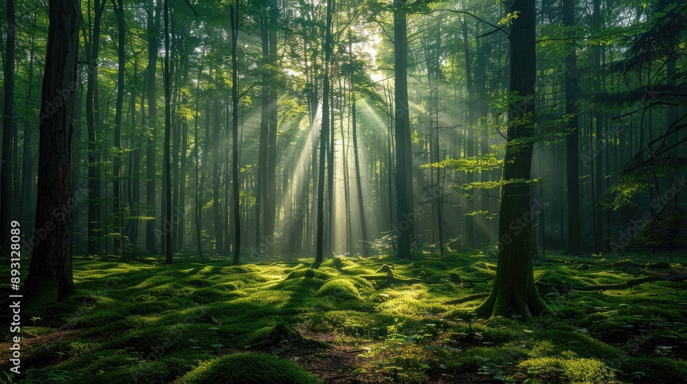 Obraz premium A forest with sunlight shining through the trees