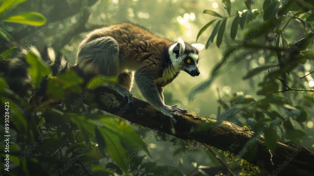 Obraz premium A Lemur Sitting on a Tree Branch in the Middle of a Forested Area - Generative AI