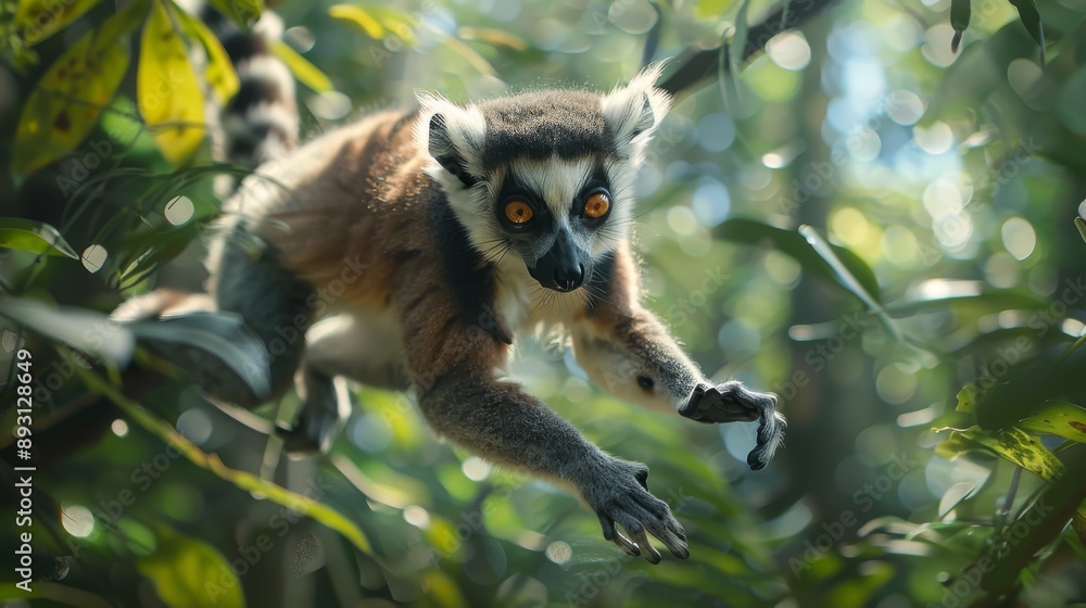Obraz premium A Close up of a Lemur on a Branch in the Jungle With Leaves and Trees in the Background - Generative AI
