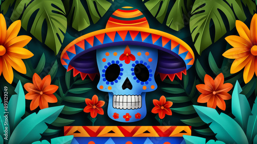 A vintage poster illustration celebrating the Day of the Dead with bright marigold and azure hues featuring a decorated altar and vibrant papel picado 