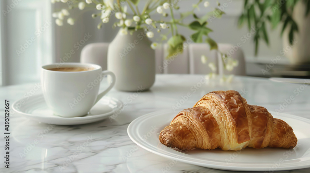 Cozy breakfast setup with a croissant and coffee on a marble table. The soft morning light and flowers create a warm and inviting atmosphere. Cozy breakfast setup with a croissant and coffee on a marble table. The soft morning light and flowers create a warm and inviting atmosphere.