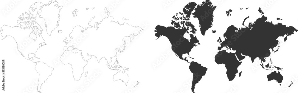 World map vector in outline and flat style isolated on white. Globe world map for business purpose. World map vector in outline and flat style isolated on white. Globe world map for business purpose.