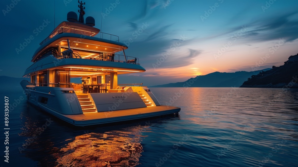 Obraz premium A Luxury Yacht With Lights Lit up on the Top Deck at Dusk in a Body of Water - Generative AI