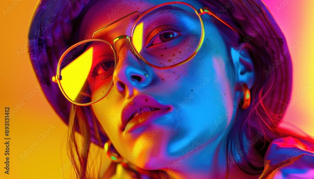 Young Woman Wearing Round Sunglasses and Hat Under Colorful Lights Young Woman Wearing Round Sunglasses and Hat Under Colorful Lights