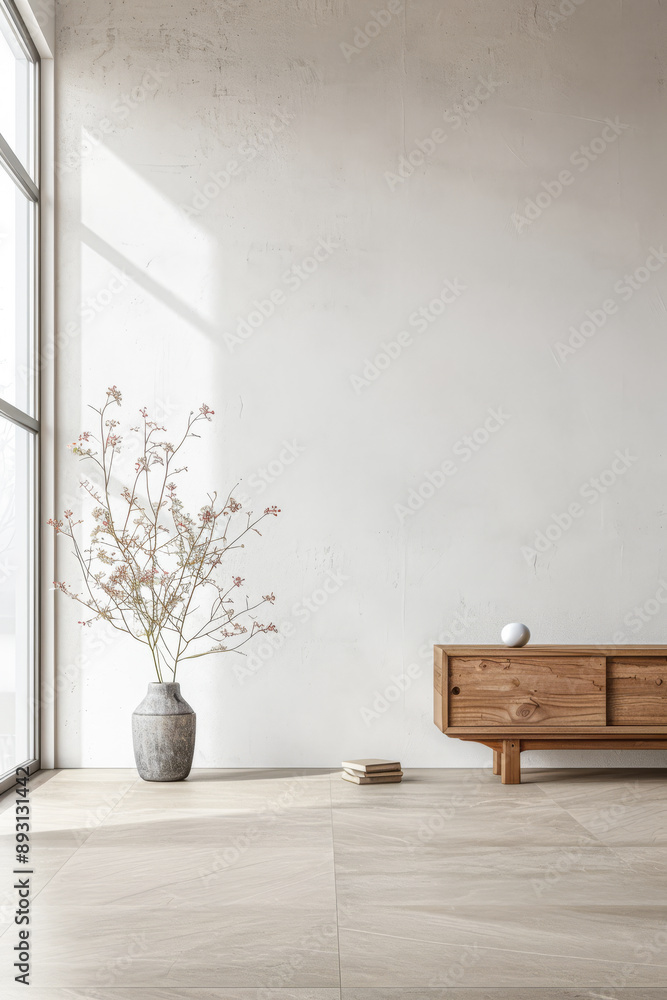 Oriental inspired interiors design decor composition with minimal furniture, neutral lighting, a large window and copy space. Residential Real Estate mockup image for advertising. Oriental inspired interiors design decor composition with minimal furniture, neutral lighting, a large window and copy space. Residential Real Estate mockup image for advertising.