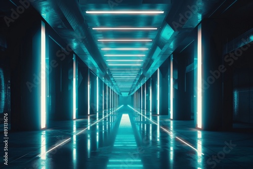 Futuristic corridor with glowing neon lights.