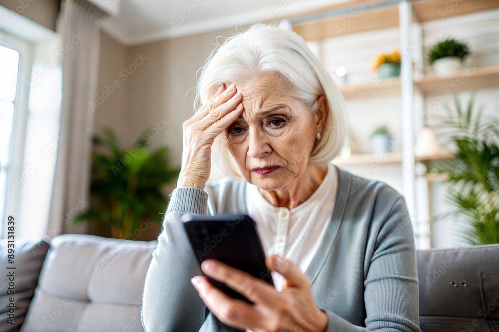 Anxious senior woman with a troubled look on her face, touching her head while examining a frustrating message on her phone in her living room.
Anxious senior woman with a troubled look on her face, touching her head while examining a frustrating message on her phone in her living room.
