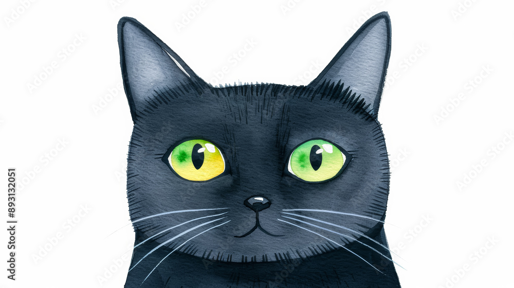 A watercolor illustration of a sleek black Bombay cat with bright green eyes isolated on a white background A watercolor illustration of a sleek black Bombay cat with bright green eyes isolated on a white background