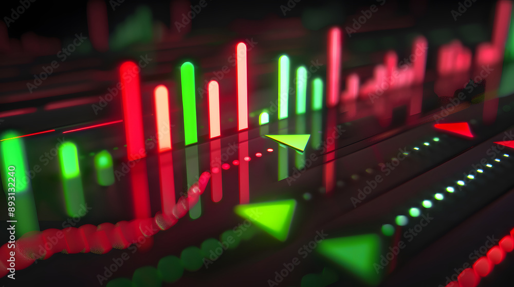 abstract chart illuminated with neon lights, showcasing red and green bars with arrows indicating growth and decline, glowing brightly against a black background. abstract chart illuminated with neon lights, showcasing red and green bars with arrows indicating growth and decline, glowing brightly against a black background.