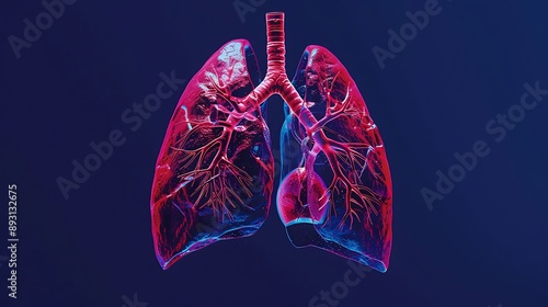 Full-length portrait photo of a medical illustration depicting the human respiratory system with vibrant red lungs showing detailed internal structure against a dark deep blue background