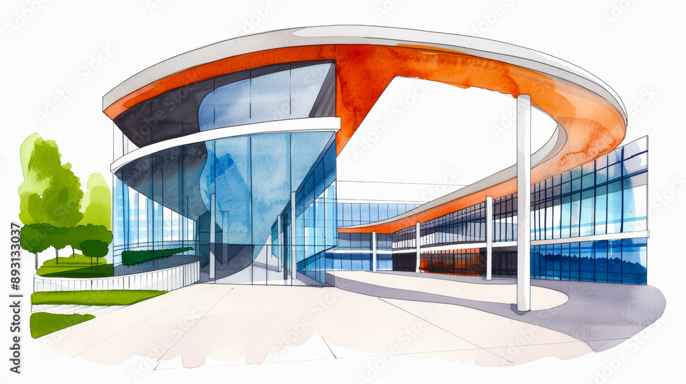 Fototapeta premium Ink sketch watercolor illustration of a futuristic shopping mall with sleek curves and large glass panels on a white background 