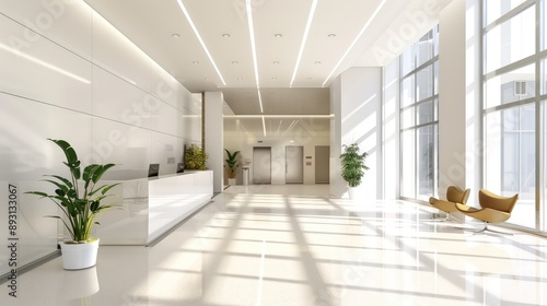 A bright, airy lobby in a modern office building with minimalist d?(C)cor