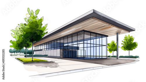 Ink sketch watercolor illustration of a modern public transportation hub with sleek design and open spaces on a white background  photo