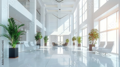 A bright, airy lobby in a modern office building with minimalist d?(C)cor and clean lines