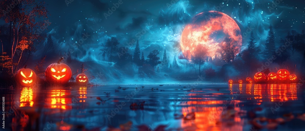 Jack-o'-Lantern Reflections Under a Crimson Moon in a Mystical Forest Jack-o'-Lantern Reflections Under a Crimson Moon in a Mystical Forest