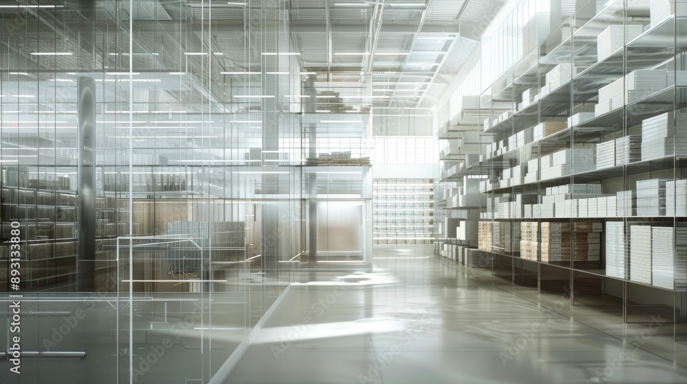 Industrial warehouse with goods stored in transparent containers Industrial warehouse with goods stored in transparent containers