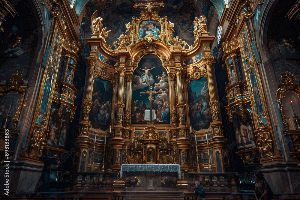 Fototapeta premium a golden and ornate baroque church altar with paintings of the last supper in it, barroco style, gothic architecture, photo taken by ARRI camera on Canon EOS R5 + arri 20mm prime lense 